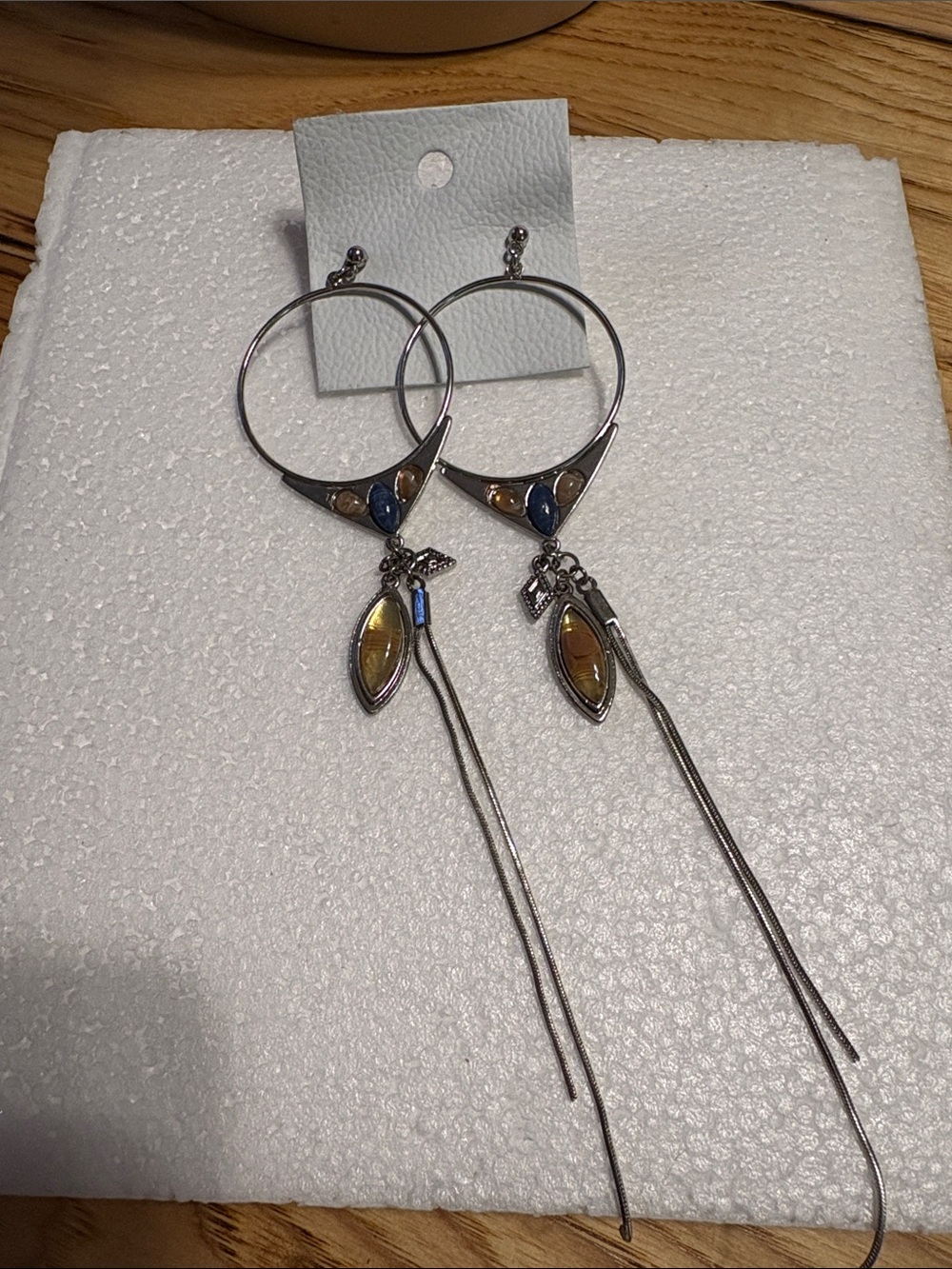 Free People Silver Hoop Earrings with Blue and Amber Accents